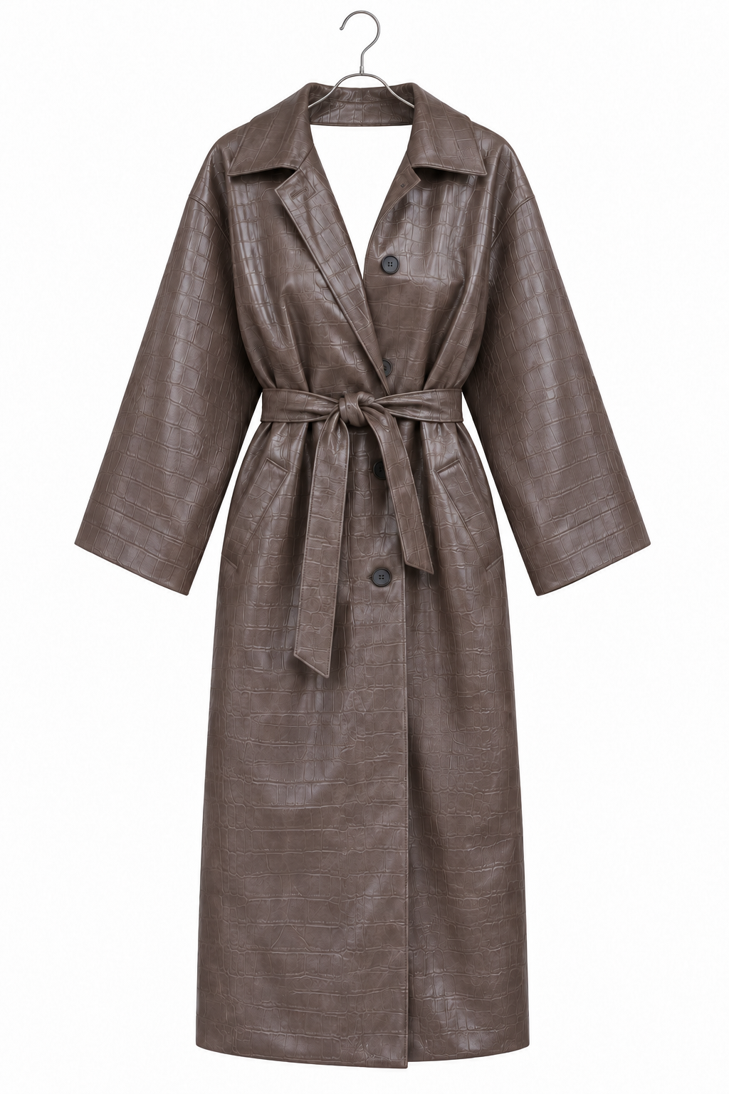 Cappotto in ecopelle — vista intera non indossata su sfondo bianco