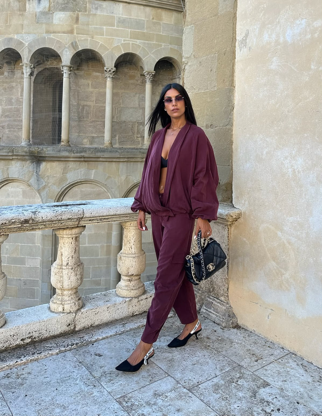 Coordinato Avocado bordeaux, vista intera di giacca e pantaloni