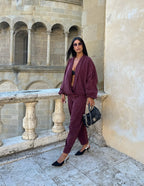Coordinato Avocado bordeaux, vista intera di giacca e pantaloni