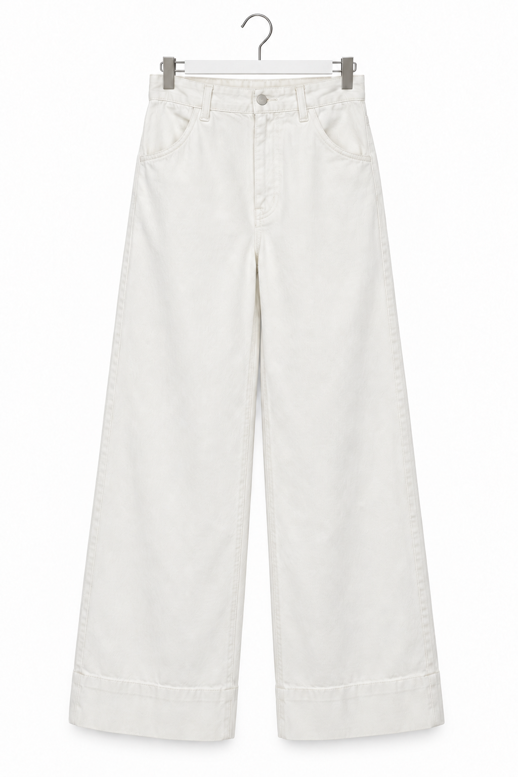 Jeans palazzo panna — vista intera non indossata su sfondo bianco