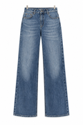 Jeans wide leg con tasche in ecopelle — vista intera non indossata su sfondo bianco