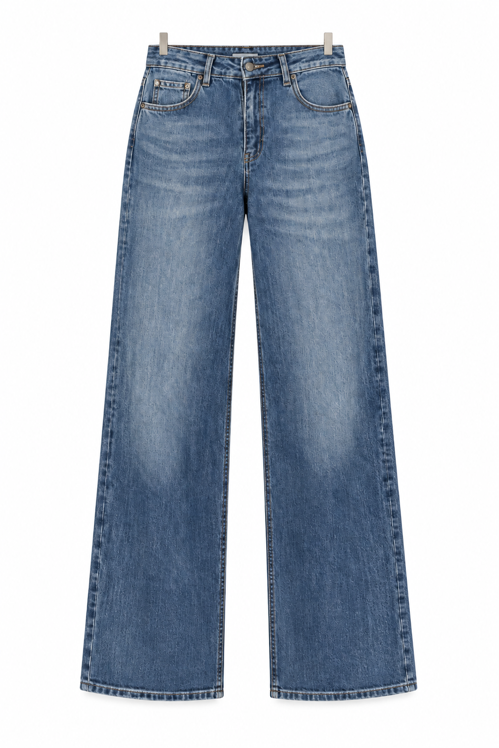 Jeans wide leg con tasche in ecopelle — vista intera non indossata su sfondo bianco