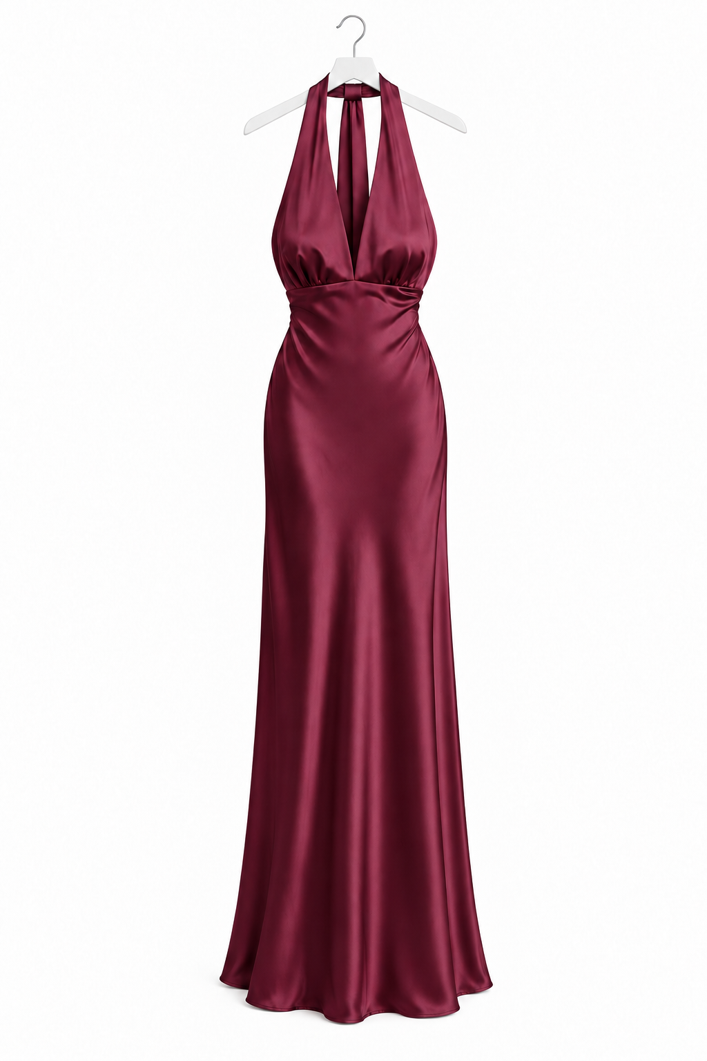 Abito elegante in raso bordeaux non indossato, vista frontale con scollo all’americana e gonna lunga.