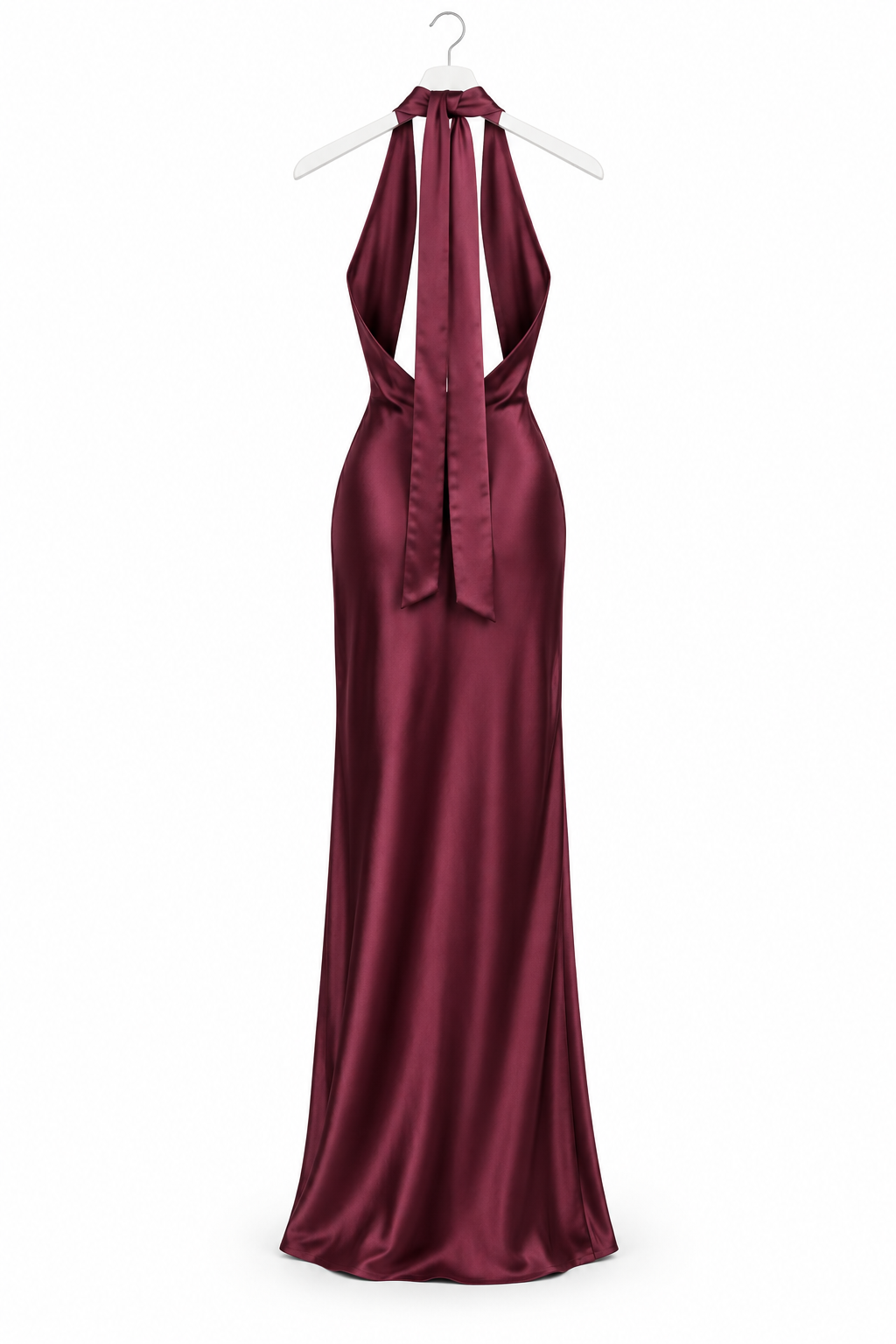 Abito elegante in raso bordeaux non indossato, vista posteriore con apertura sulla schiena.