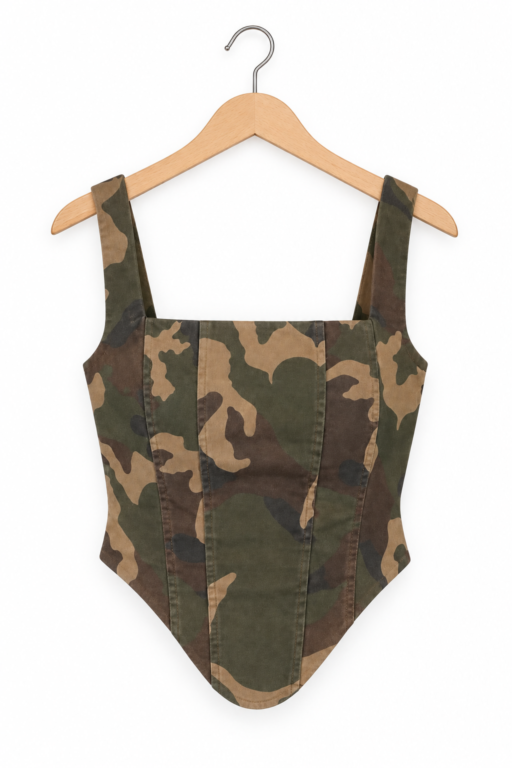 Body camouflage verde e beige, vista frontale non indossata con spalline e orlo sagomato interamente visibili.