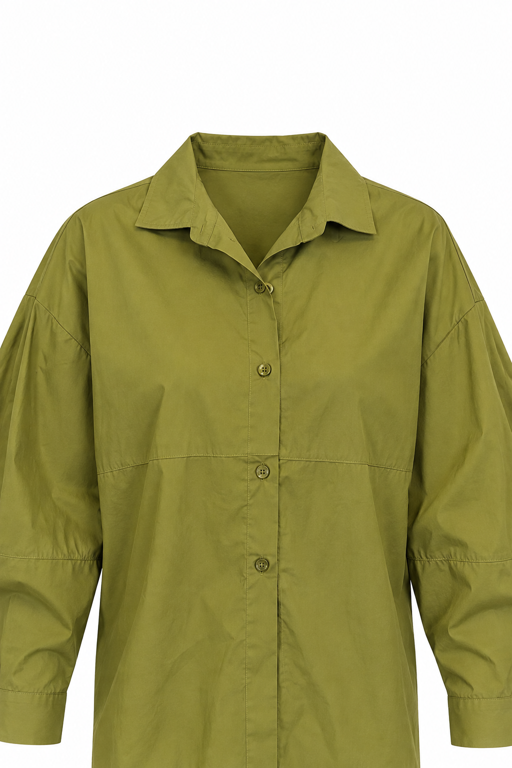 Camicia crop verde, vista frontale parziale non indossata con spalle scese e maniche ampie.