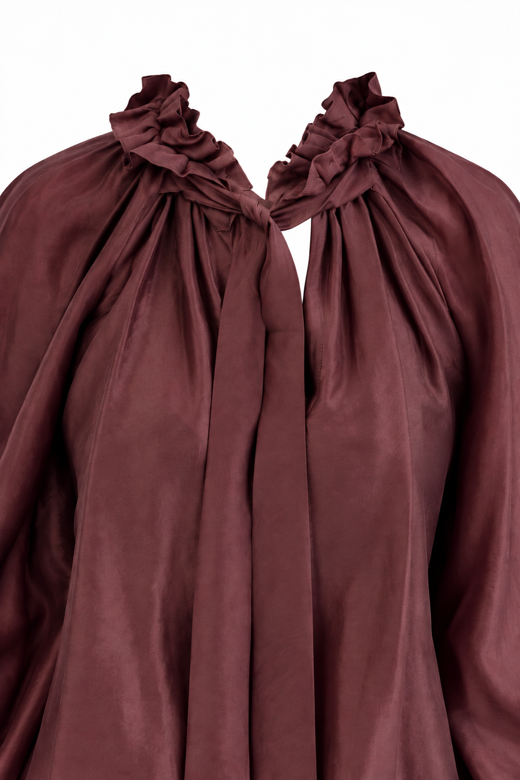 Camicia elegante Bordeaux non indossata, vista della parte superiore con fiocco.
