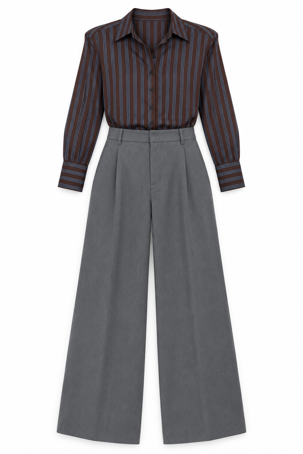 Completo con camicia marrone a righe blu e pantalone palazzo grigio, vista frontale non indossata.