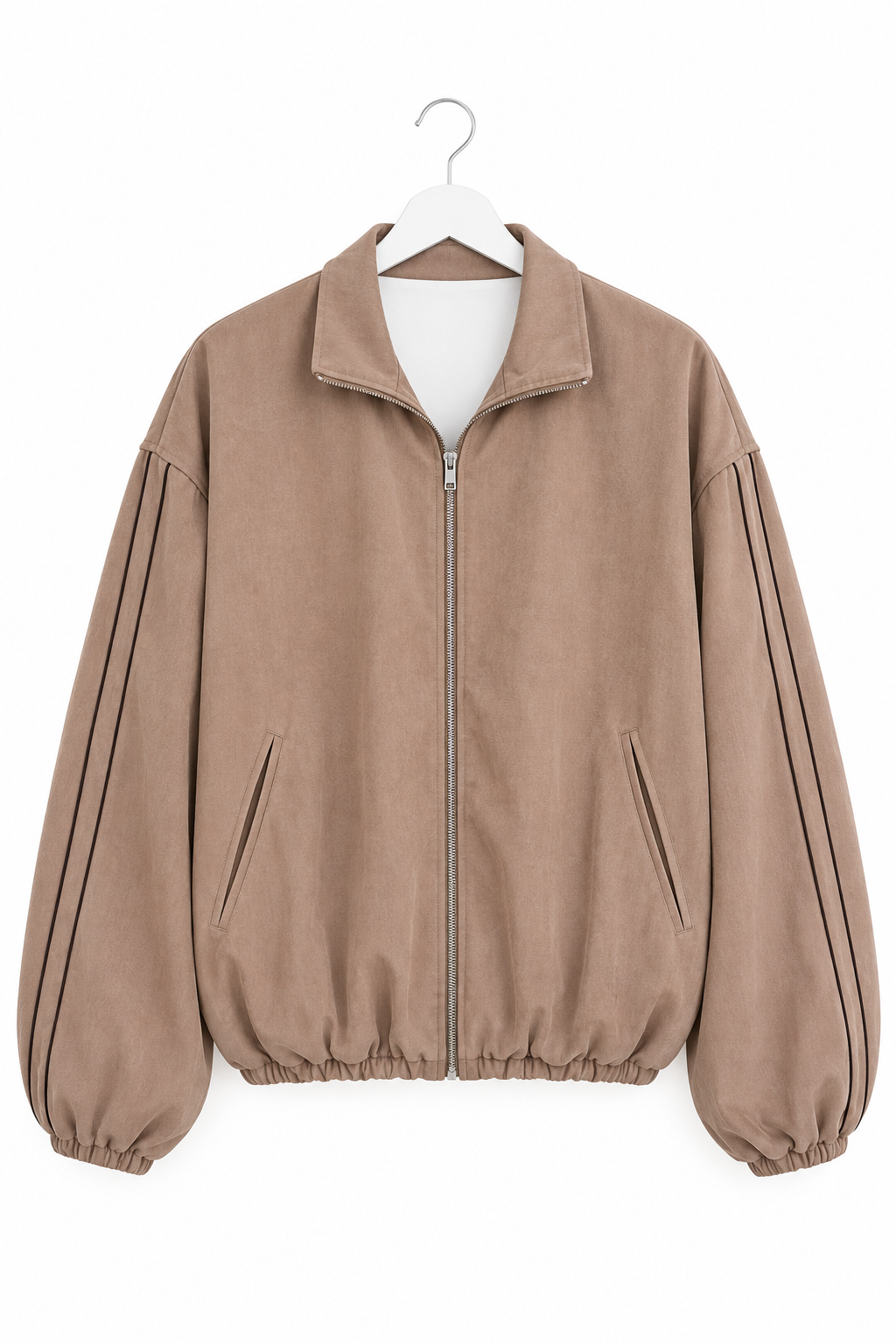 Coordinato Levanzo beige, vista anteriore del bomber non indossato su fondo bianco.