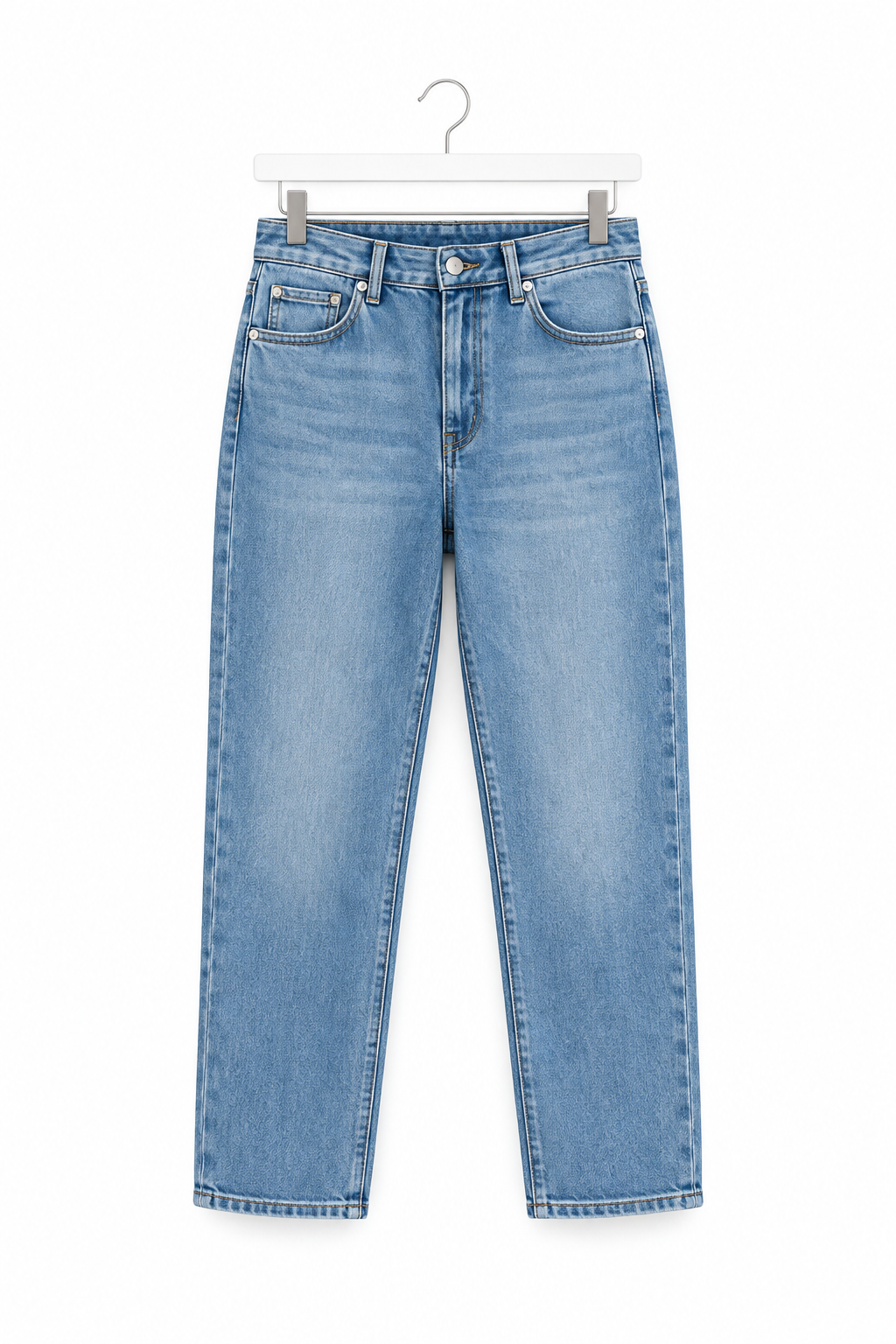 Jeans in cotone elasticizzato blu denim non indossato, vista frontale.