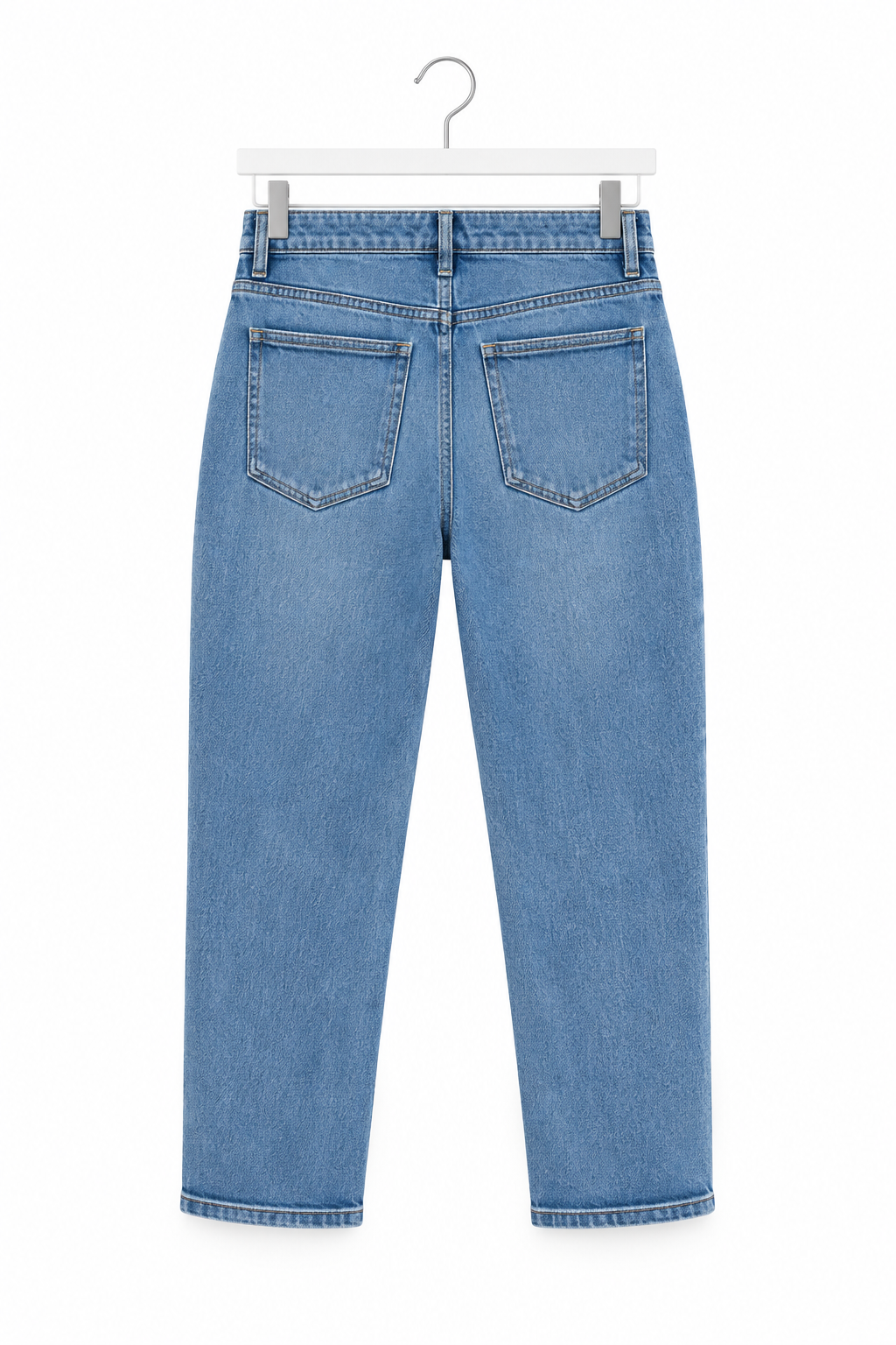 Jeans in cotone elasticizzato blu denim non indossato, vista posteriore.