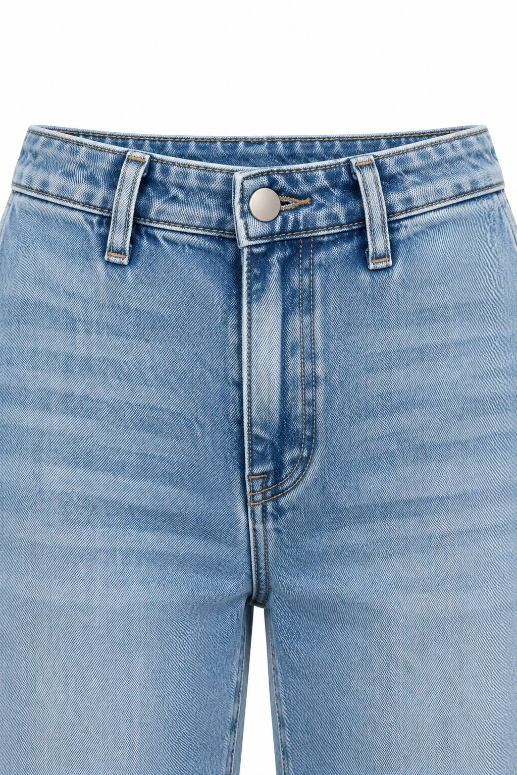 Jeans in cotone elasticizzato blu denim, dettaglio della vita e della chiusura anteriore.