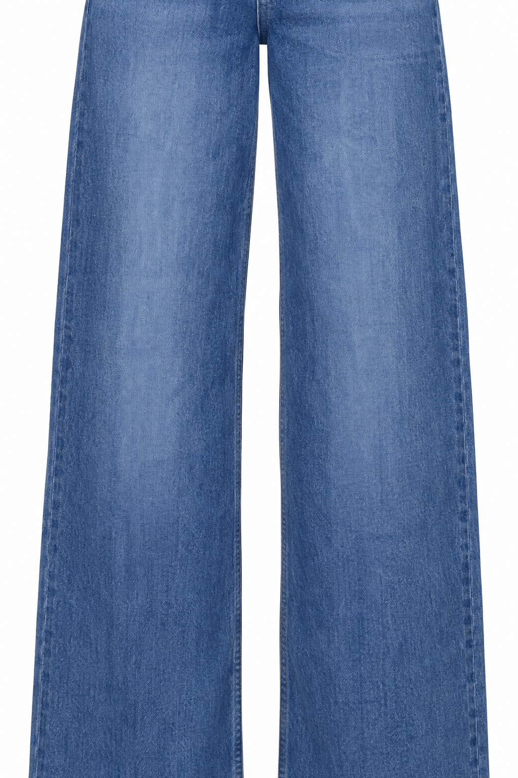 Jeans baggy blu, dettaglio della gamba ampia e del lavaggio.