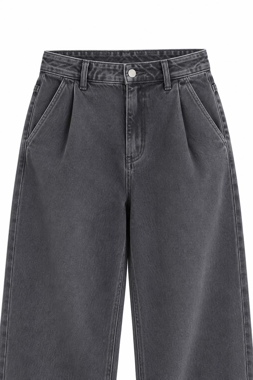 Jeans balloon grigi, dettaglio anteriore della cintura, dei passanti e delle tasche.