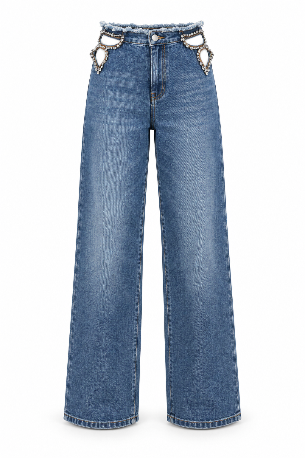Jeans Stella crystal cut-out in denim blu, vista frontale intera non indossata con vita sfrangiata, aperture con strass e gambe ampie.
