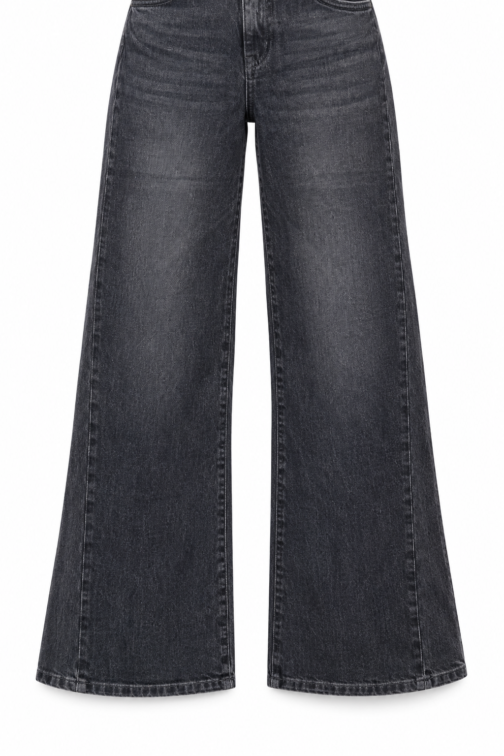 Jeans wide leg nero slavato, vista frontale parziale delle gambe ampie e degli orli.