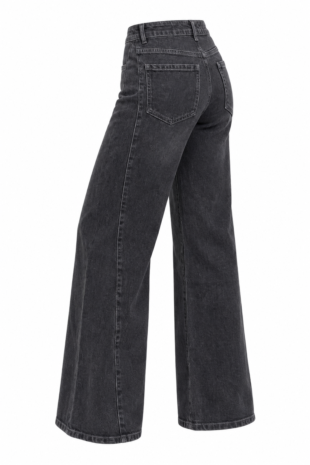 Jeans wide leg nero slavato, vista posteriore a tre quarti con tasche e cuciture.