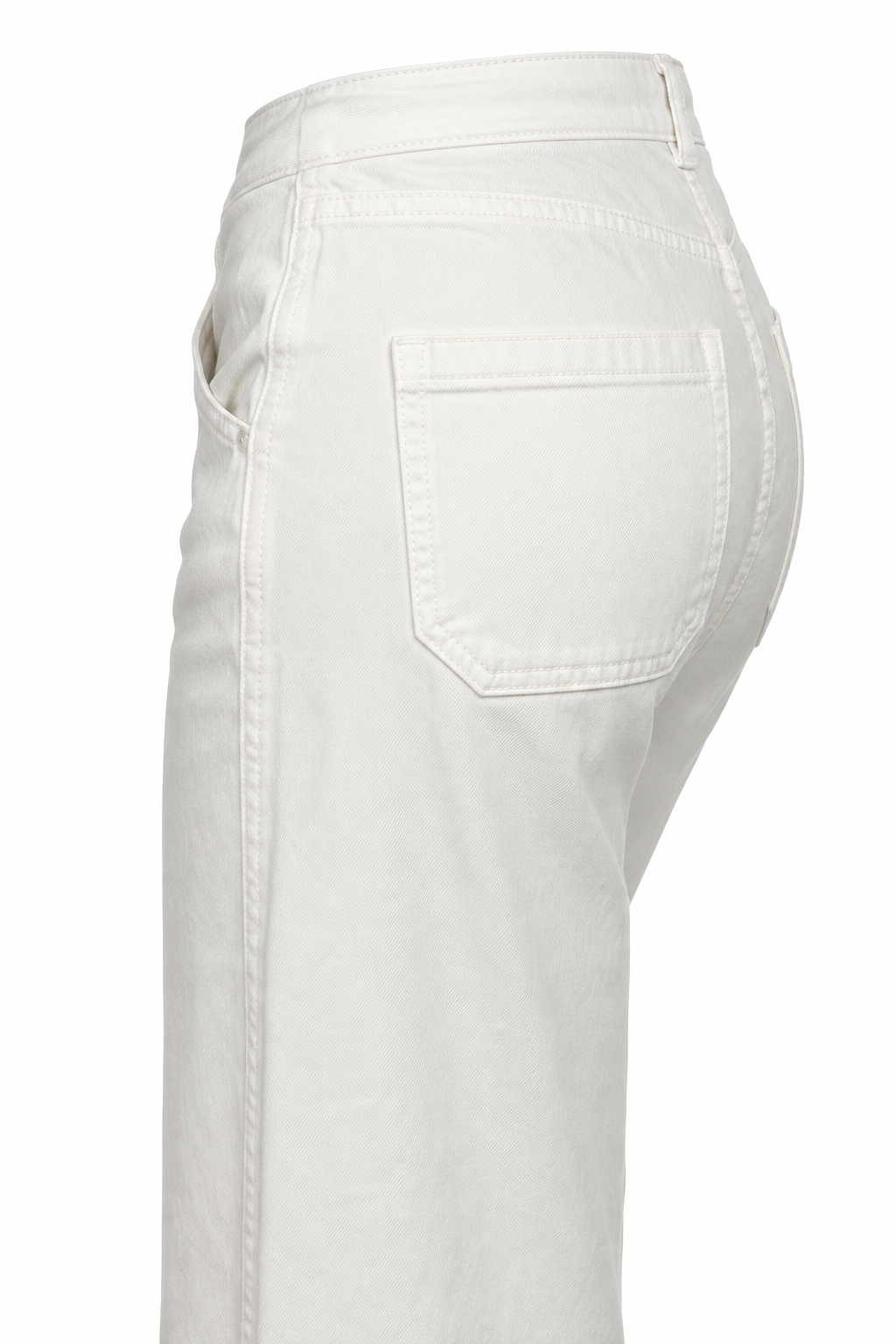 Jeans palazzo panna, dettaglio della tasca posteriore su sfondo bianco.