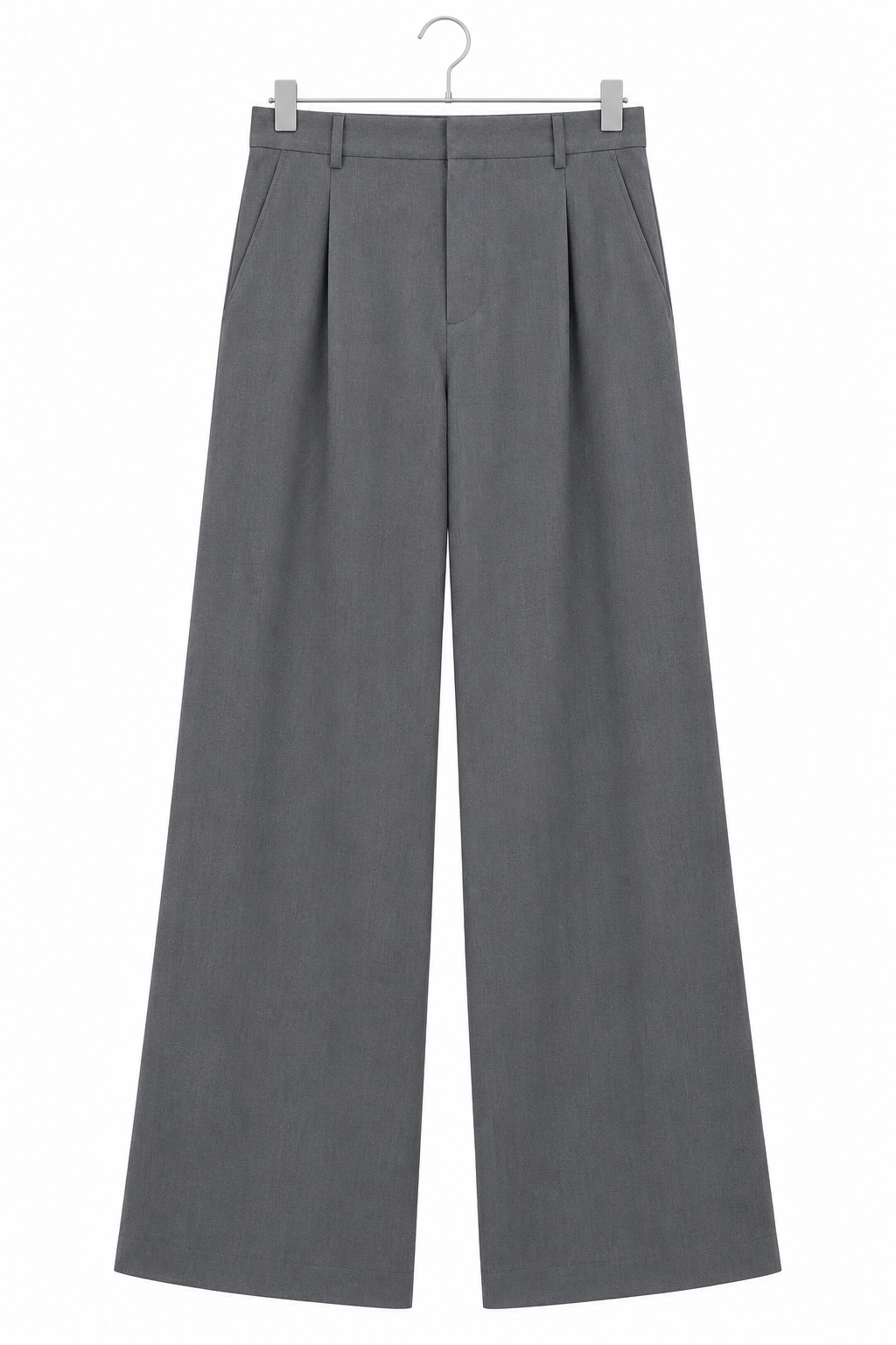 Pantalone palazzo sartoriale grigio, vista anteriore non indossata su gruccia.