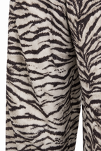 Dettaglio della stampa del pantalone zebra, su fondo bianco.