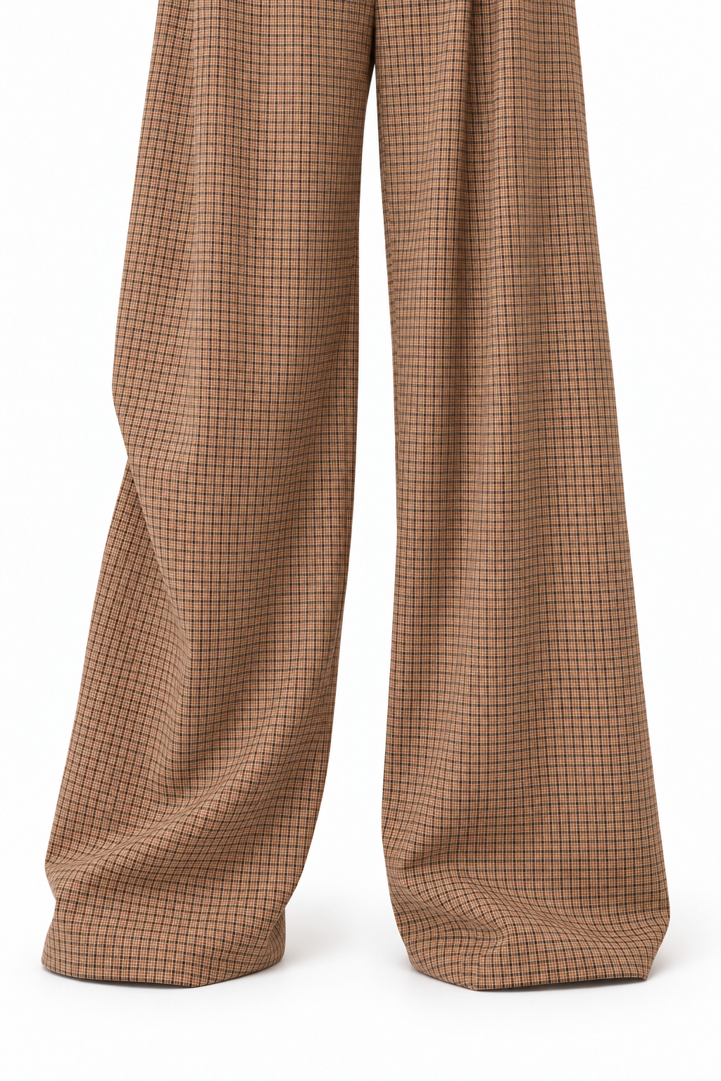 Pantaloni del Tailleur coreano Lumina, dettaglio delle gambe ampie e dei fondi a piccoli quadri.