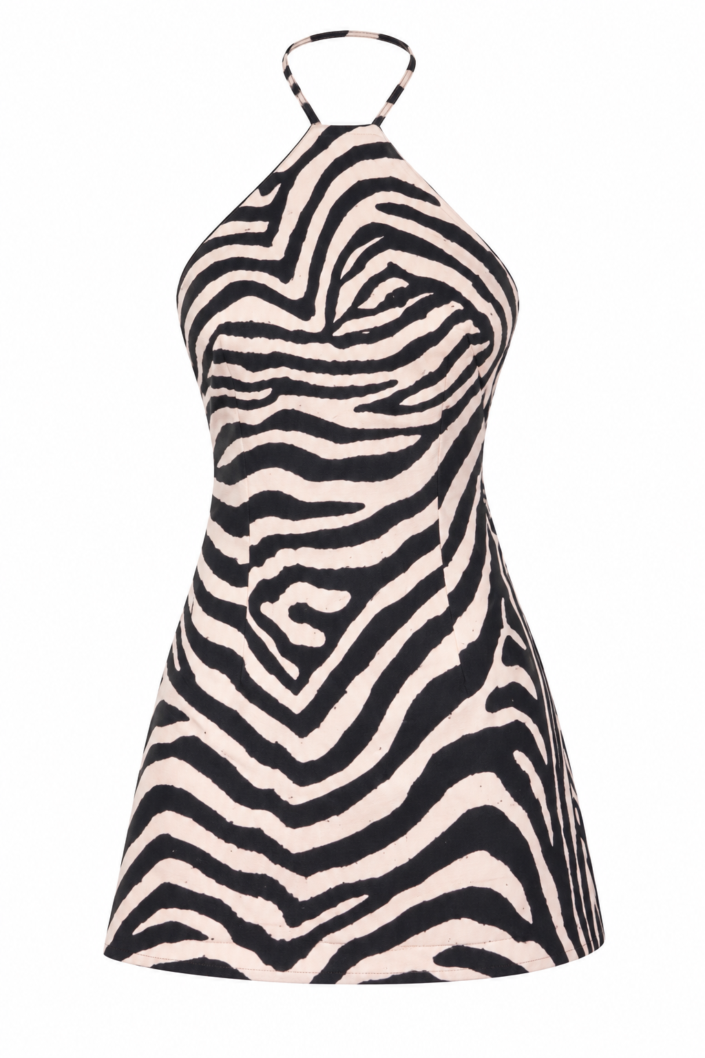 Abito corto animalier con scollo all americana, vista anteriore non indossata.