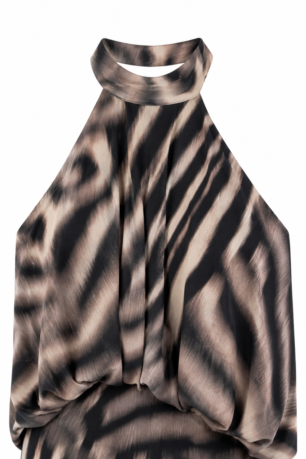 Dettaglio del collo e della parte alta dell abito lungo animalier Lumina.
